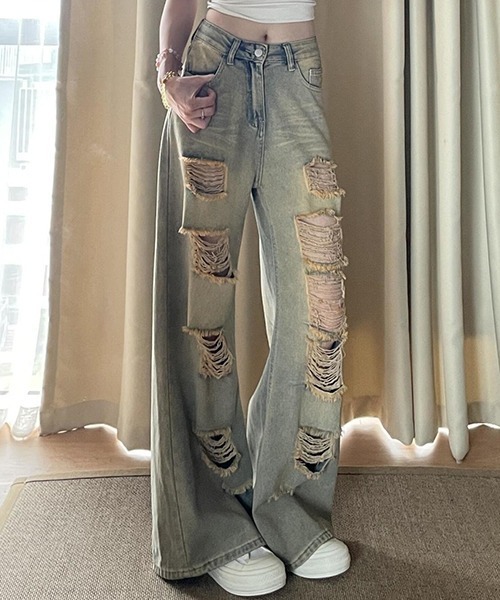 gossip!ロサンゼルス(ゴシップロサンゼルス)の「ダメージ ハイウエスト デニムパンツ(デニムパンツ・レディース・ライトブルー・S/M)」の4枚目の写真
