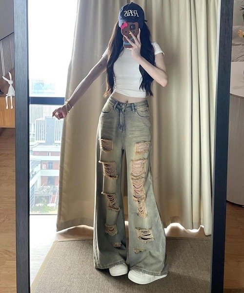 gossip!ロサンゼルス(ゴシップロサンゼルス)の「ダメージ ハイウエスト デニムパンツ(デニムパンツ・レディース・ライトブルー・S/M)」の5枚目の写真