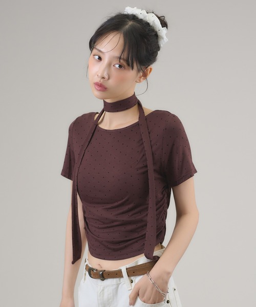 apres jour mignon(アプレジュールミニョン)の「タイ付きドットTシャツ(Tシャツ/カットソー・レディース・ブラウン系その他/オフホワイト/ブラック・LARGE/フリー)」の3枚目の写真