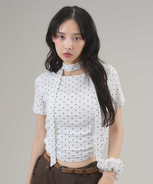 apres jour mignon(アプレジュールミニョン)の「タイ付きドットTシャツ(Tシャツ/カットソー・レディース・ブラウン系その他/オフホワイト/ブラック・LARGE/フリー)」の5枚目の写真