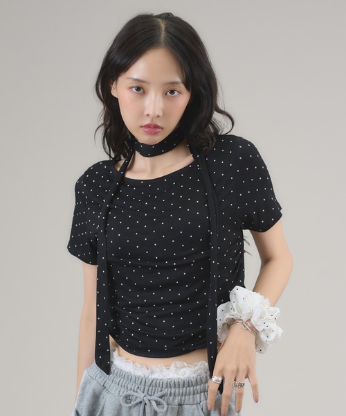 apres jour mignon(アプレジュールミニョン)の「タイ付きドットTシャツ(Tシャツ/カットソー・レディース・ブラウン系その他/オフホワイト/ブラック・LARGE/フリー)」の7枚目の写真