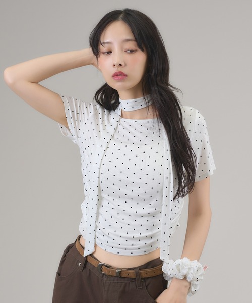 apres jour mignon(アプレジュールミニョン)の「タイ付きドットTシャツ(Tシャツ/カットソー・レディース・ブラウン系その他/オフホワイト/ブラック・LARGE/フリー)」の11枚目の写真