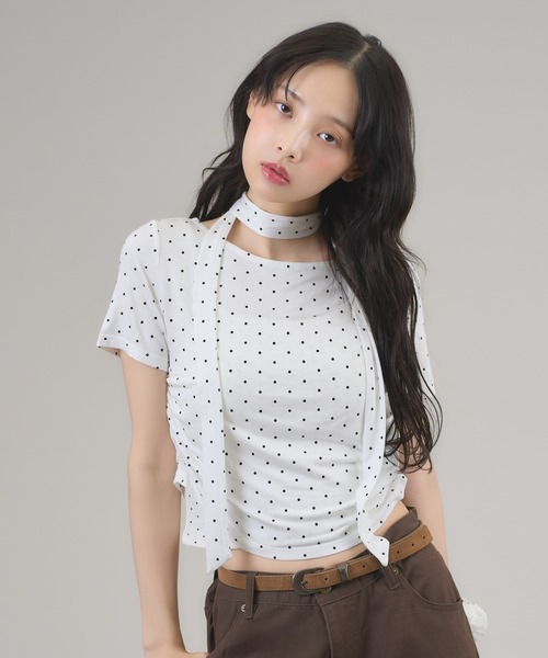 apres jour mignon(アプレジュールミニョン)の「タイ付きドットTシャツ(Tシャツ/カットソー・レディース・ブラウン系その他/オフホワイト/ブラック・LARGE/フリー)」の12枚目の写真