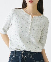 小花柄ヘンリーネックTシャツ
