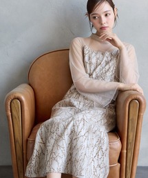 チュールロングスリーブ幾何学フロッキー×プリントソフトマーメイドパーティードレス 結婚式 お呼ばれ ドレス 20代 30代 40代