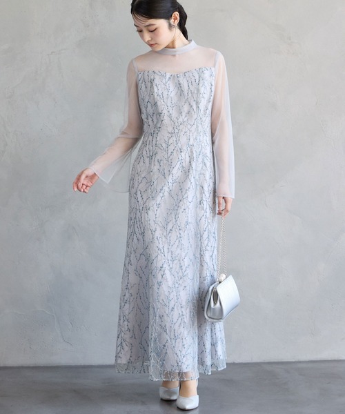 AIMER(エメ)の「チュールロングスリーブ幾何学フロッキー×プリントソフトマーメイドパーティードレス 結婚式 お呼ばれ ドレス 20代 30代 40代(ドレス・レディース・ブルーグレー/ベージュ/ブラック・MEDIUM)」の2枚目の写真