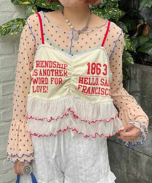 HELLO.SANFRANCISCO(ハローサンフランシスコ)の「【HELLO.SANFRANCISCO/ハローサンフランシスコ】プリントロゴチュールキャミビスチェ(タンクトップ・レディース・ピンク/グレー/アイボリー・ONE SIZE)」の1枚目の写真