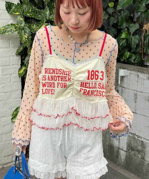 HELLO.SANFRANCISCO(ハローサンフランシスコ)の「【HELLO.SANFRANCISCO/ハローサンフランシスコ】プリントロゴチュールキャミビスチェ(タンクトップ・レディース・ピンク/グレー/アイボリー・ONE SIZE)」の4枚目の写真