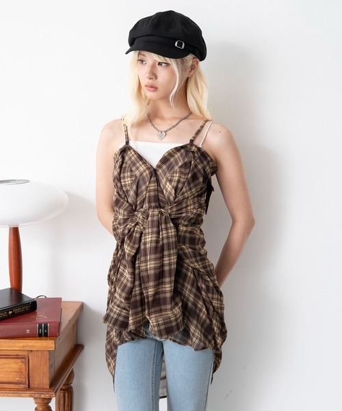 WEGO(ウィゴー)の「WEGO/【26年春夏新作】2WAYオフショルシアーチェックシャツ(シャツ/ブラウス・レディース・ネイビー/ブラウン・FREE)」の6枚目の写真