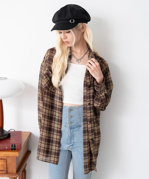 WEGO(ウィゴー)の「WEGO/【26年春夏新作】2WAYオフショルシアーチェックシャツ(シャツ/ブラウス・レディース・ネイビー/ブラウン・FREE)」の7枚目の写真
