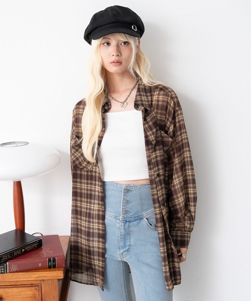 WEGO(ウィゴー)の「WEGO/【26年春夏新作】2WAYオフショルシアーチェックシャツ(シャツ/ブラウス・レディース・ネイビー/ブラウン・FREE)」の8枚目の写真