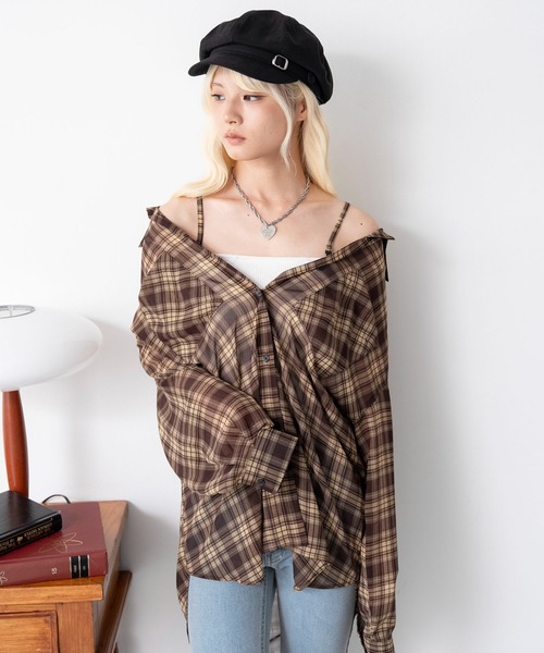 WEGO(ウィゴー)の「WEGO/【26年春夏新作】2WAYオフショルシアーチェックシャツ(シャツ/ブラウス・レディース・ネイビー/ブラウン・FREE)」の9枚目の写真