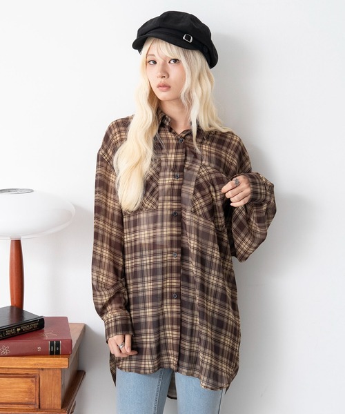 WEGO(ウィゴー)の「WEGO/【26年春夏新作】2WAYオフショルシアーチェックシャツ(シャツ/ブラウス・レディース・ネイビー/ブラウン・FREE)」の10枚目の写真