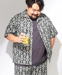 セットアップ可能 シャツ 半袖 メンズ 大きいサイズ 陽遮 総柄プリント ストレッチ 開襟シャツ B＆T CLUB (ビーアンドティークラブ)