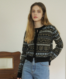 Wool Scheme Jacquard Knit Cardigan (Black)
