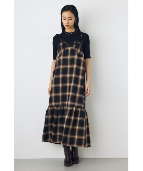 AZUL by moussy(アズールバイマウジー)の「【身長/骨格別着用画像あり】レースドッキングチェックキャミワンピース 秋服 冬服 レイヤード(ワンピース・レディース・ブラウン系その他/ブラック系その他・SMALL/MEDIUM)」の13枚目の写真