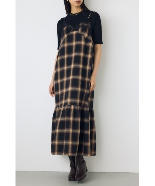 AZUL by moussy(アズールバイマウジー)の「【身長/骨格別着用画像あり】レースドッキングチェックキャミワンピース 秋服 冬服 レイヤード(ワンピース・レディース・ブラウン系その他/ブラック系その他・SMALL/MEDIUM)」の14枚目の写真