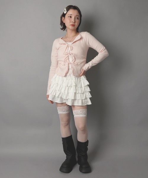 SPINNS(スピンズ)の「レイヤード風長袖カットソー/リボン/ドット/韓国ガーリー(Tシャツ/カットソー・レディース・ネイビー系1/アイボリー系1/ピンク系1・ONESIZE)」の8枚目の写真