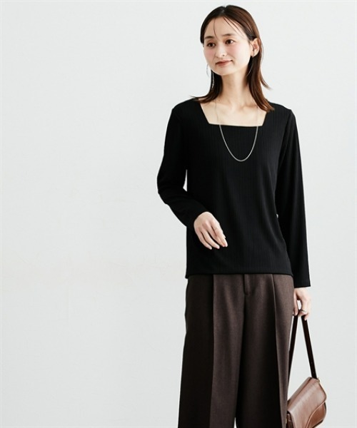 7days Life Styling（セブンデイズライフスタイリング）の「【選べる２タイプ】透け対策ランダムリブダブルフロント長袖トップス（Tシャツ/カットソー・レディース・ホワイト/ブラック/ブラック系/ホワイト系・M/L/LL/3L）」の8枚目の写真