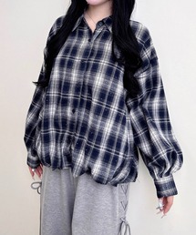 ラインストーン付裾タックチェック柄シャツ