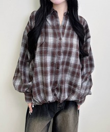 ラインストーン付裾タックチェック柄シャツ