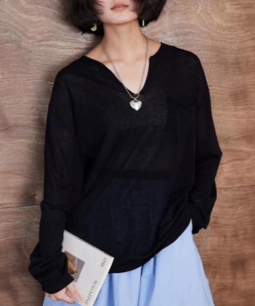 FLINEA(フリネア)の「Vネックリネンテンセル長袖Tシャツ(Tシャツ/カットソー・レディース・ライトブルー/ブラック/アイボリー・FREE)」の2枚目の写真