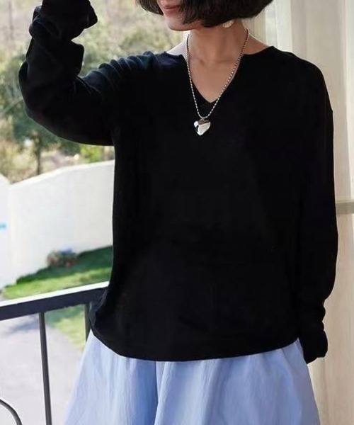 FLINEA(フリネア)の「Vネックリネンテンセル長袖Tシャツ(Tシャツ/カットソー・レディース・ライトブルー/ブラック/アイボリー・FREE)」の5枚目の写真
