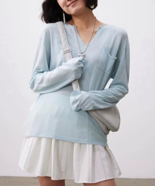 FLINEA(フリネア)の「Vネックリネンテンセル長袖Tシャツ(Tシャツ/カットソー・レディース・ライトブルー/ブラック/アイボリー・FREE)」の11枚目の写真