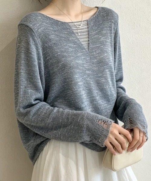 SHEPP（シープ）の「【26年秋冬新作】胸元シアーレイヤード Vネックロングスリーブニット（ニット/セーター・レディース・ダークグレー/アイボリー/ブラウン/ライトグレー・F）」の2枚目の写真