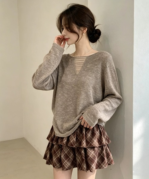 SHEPP（シープ）の「【26年秋冬新作】胸元シアーレイヤード Vネックロングスリーブニット（ニット/セーター・レディース・ダークグレー/アイボリー/ブラウン/ライトグレー・F）」の15枚目の写真
