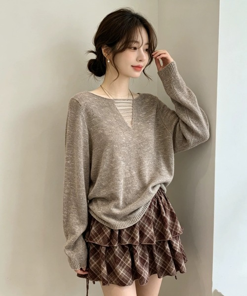 SHEPP（シープ）の「【26年秋冬新作】胸元シアーレイヤード Vネックロングスリーブニット（ニット/セーター・レディース・ダークグレー/アイボリー/ブラウン/ライトグレー・F）」の18枚目の写真