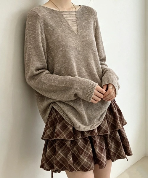 SHEPP（シープ）の「【26年秋冬新作】胸元シアーレイヤード Vネックロングスリーブニット（ニット/セーター・レディース・ダークグレー/アイボリー/ブラウン/ライトグレー・F）」の19枚目の写真