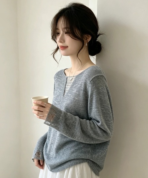 SHEPP（シープ）の「【26年秋冬新作】胸元シアーレイヤード Vネックロングスリーブニット（ニット/セーター・レディース・ダークグレー/アイボリー/ブラウン/ライトグレー・F）」の6枚目の写真
