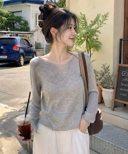 SHEPP（シープ）の「【26年秋冬新作】胸元シアーレイヤード Vネックロングスリーブニット（ニット/セーター・レディース・ダークグレー/アイボリー/ブラウン/ライトグレー・F）」の8枚目の写真