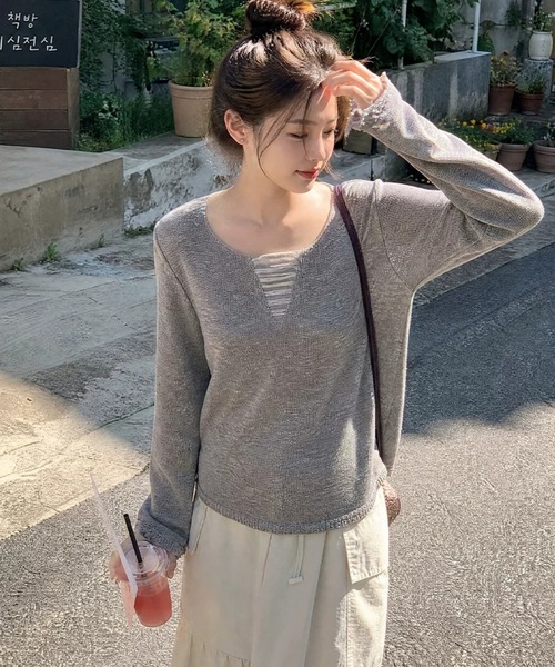 SHEPP（シープ）の「【26年秋冬新作】胸元シアーレイヤード Vネックロングスリーブニット（ニット/セーター・レディース・ダークグレー/アイボリー/ブラウン/ライトグレー・F）」の9枚目の写真