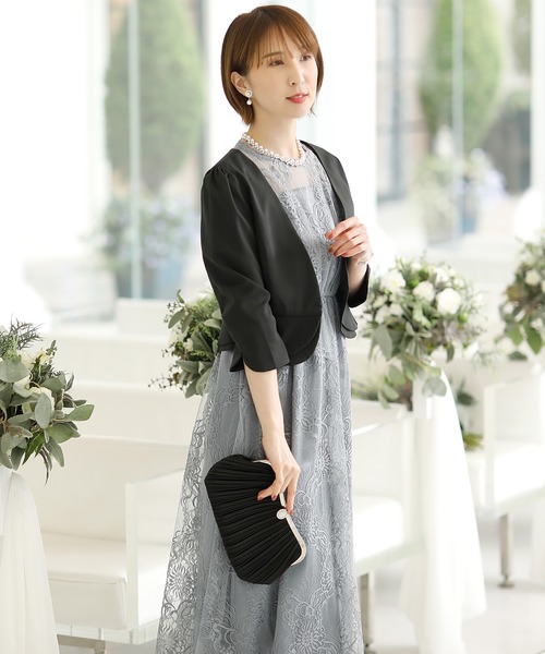 PourVous(プールヴー)の「美人度上げるラウンド ペプラム ボレロ 結婚式対応 オケージョン (ノーカラージャケット・レディース・ベージュ/ブラック・XL/L/M/XXL)」の7枚目の写真