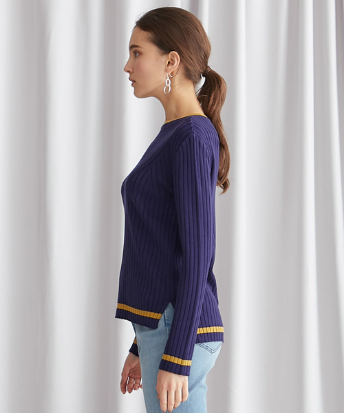 STUDIOUS（ステュディオス）の「【STUDIOUS】リブ パターンクルーネックニット（ニット/セーター・レディース・ベージュ/パープル/ネイビー/マスタード・FREE）」の14枚目の写真