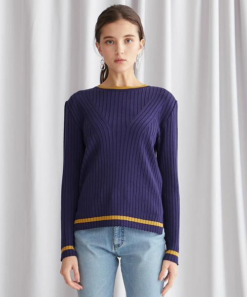 STUDIOUS（ステュディオス）の「【STUDIOUS】リブ パターンクルーネックニット（ニット/セーター・レディース・ベージュ/パープル/ネイビー/マスタード・FREE）」の13枚目の写真