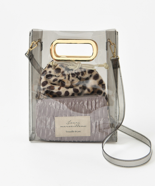 one after another NICE CLAUP（ワンアフターアナザーナイスクラップ）の「ポーチ付き３点セットPVCバッグ（ショルダーバッグ・レディース・アイボリー/ピンク/アニマル・FREE）」の3枚目の写真