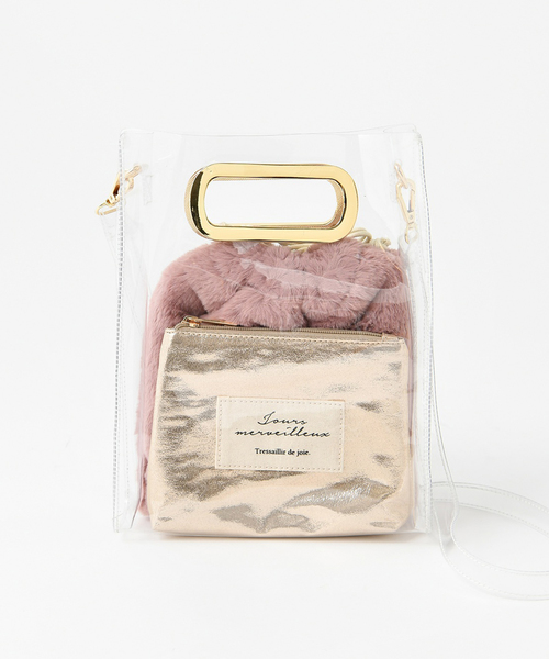 one after another NICE CLAUP（ワンアフターアナザーナイスクラップ）の「ポーチ付き３点セットPVCバッグ（ショルダーバッグ・レディース・アイボリー/ピンク/アニマル・FREE）」の2枚目の写真