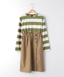 green label relaxing（グリーンレーベルリラクシング）の「【ジュニア】ポンチボーダーコンビワンピース/ オリーブ（ワンピース・キッズ）」