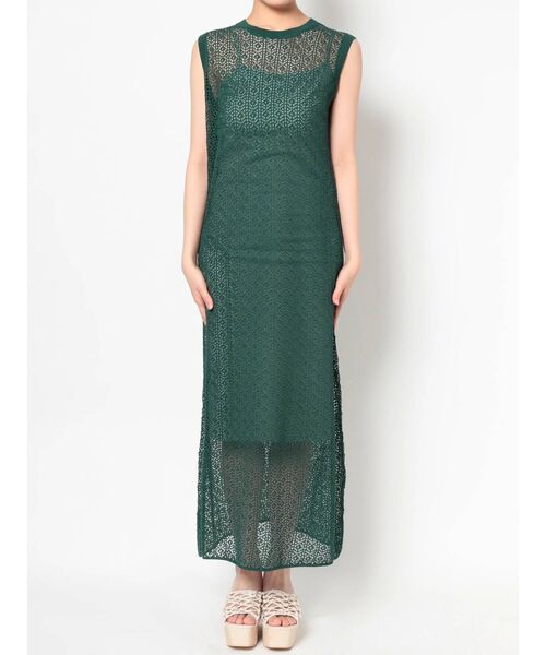 MERCURYDUO（マーキュリーデュオ）の「メッシュバックリボンニットワンピース（ワンピース・レディース・ダークグリーン/ベージュ/オフホワイト・FREE）」の3枚目の写真