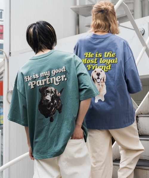 WEGO（ウィゴー）の「WEGO/DOGプリント5分袖ビッグシルエットTシャツ（Tシャツ/カットソー・メンズ・スミクロ/ブルー/グリーン/ホワイト・MEDIUM/LARGE）」の12枚目の写真