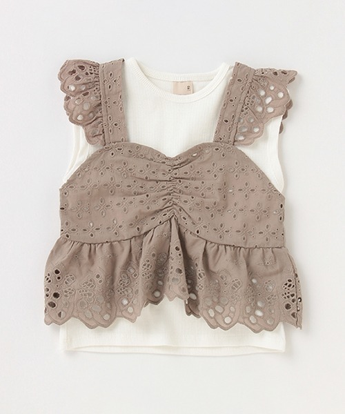 petit main（プティマイン）の「レースキャミドッキングTシャツ（Tシャツ/カットソー・キッズ・ピンク/モカ/ライトブルー・120cm/130cm/110cm/100cm/80ｃｍ/90cm）」の2枚目の写真