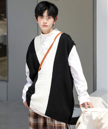 【neos -addictive design-】ルーズシルエット バイカラー Vネック チルデン ニット ベスト