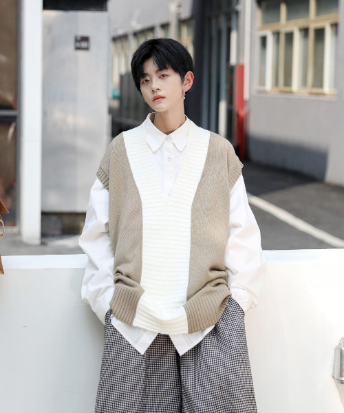 neos（ネオス）の「【neos -addictive design-】ルーズシルエット バイカラー Vネック チルデン ニット ベスト（ベスト・メンズ・ブルー/ベージュ/ブラック・MEDIUM/X-LARGE/LARGE）」の8枚目の写真