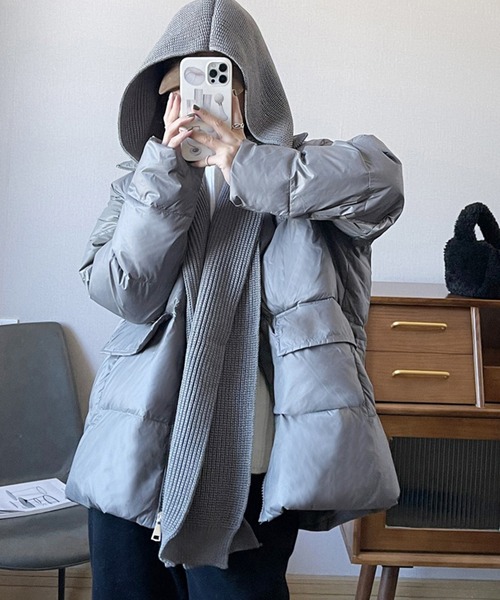 ダウンジャケット コート ジャケット アウター 韓国風肩掛けニットマフラーフード付け立ち襟ダウンジャケット