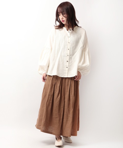 ubasoku(ウバソク)の「【ubasoku】リネン無地 バンドカラーパフ袖ブラウス(シャツ/ブラウス・レディース・ホワイト/ブラック/ブラウン/オリーブ・FREE)」の12枚目の写真