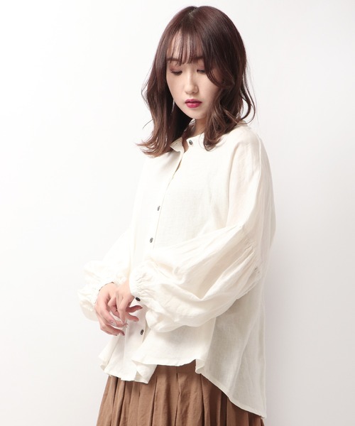 ubasoku(ウバソク)の「【ubasoku】リネン無地 バンドカラーパフ袖ブラウス(シャツ/ブラウス・レディース・ホワイト/ブラック/ブラウン/オリーブ・FREE)」の10枚目の写真