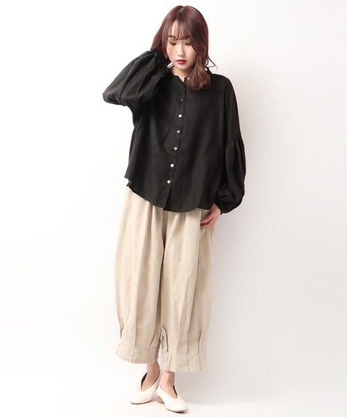 ubasoku(ウバソク)の「【ubasoku】リネン無地 バンドカラーパフ袖ブラウス(シャツ/ブラウス・レディース・ホワイト/ブラック/ブラウン/オリーブ・FREE)」の19枚目の写真